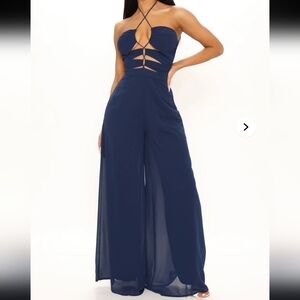 Fashion Nova Navy Cutout Halter Wide-Leg Jumpsuit